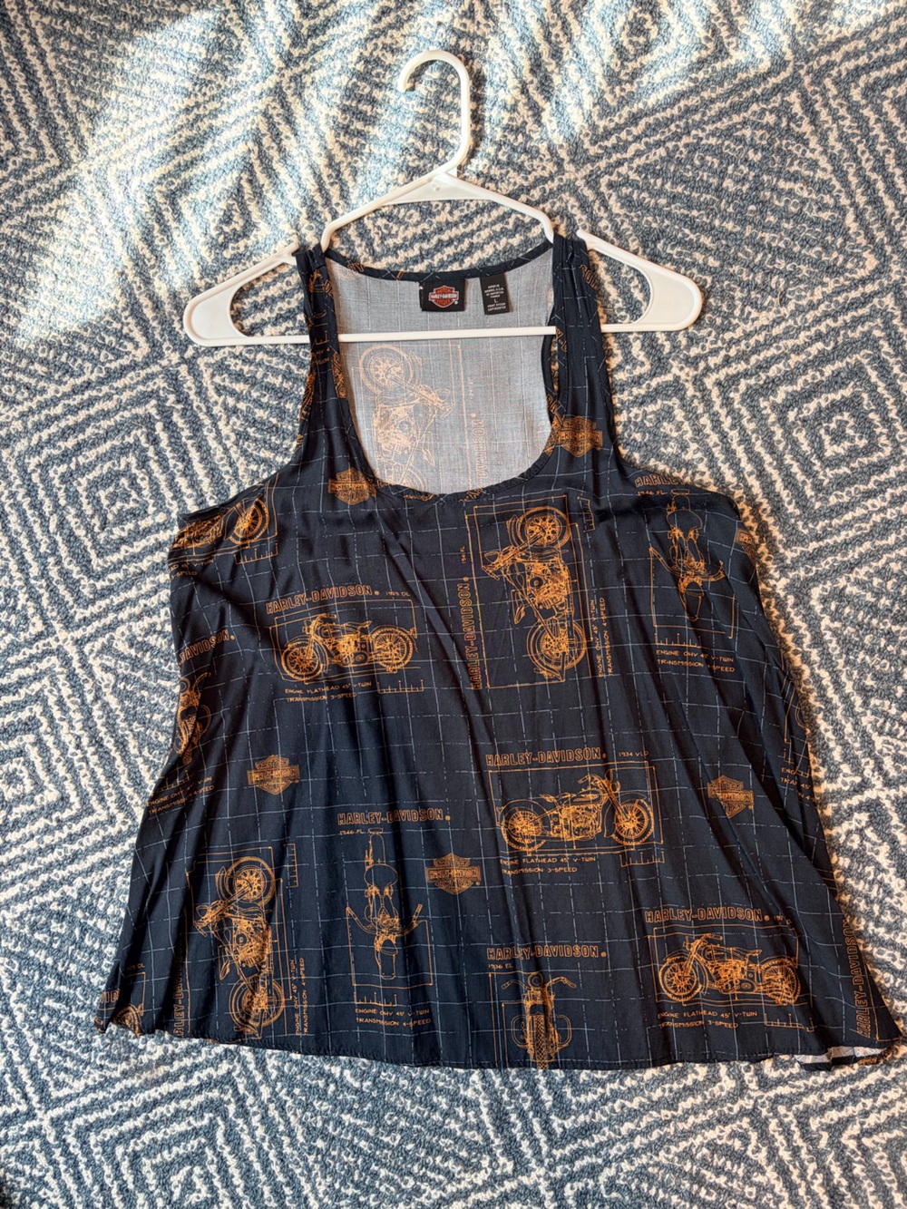 Harley-Davidson Black Tank Top with Orange Motorcycle Blueprint Print